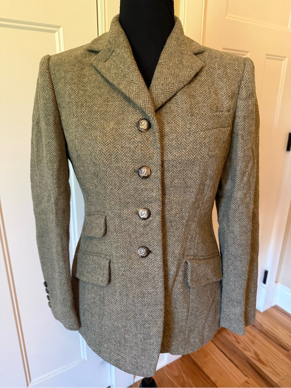 Lauren Ralph Lauren Women’s Sz 4P Wool Blazer Olive Herringbone Tweed Equestrian